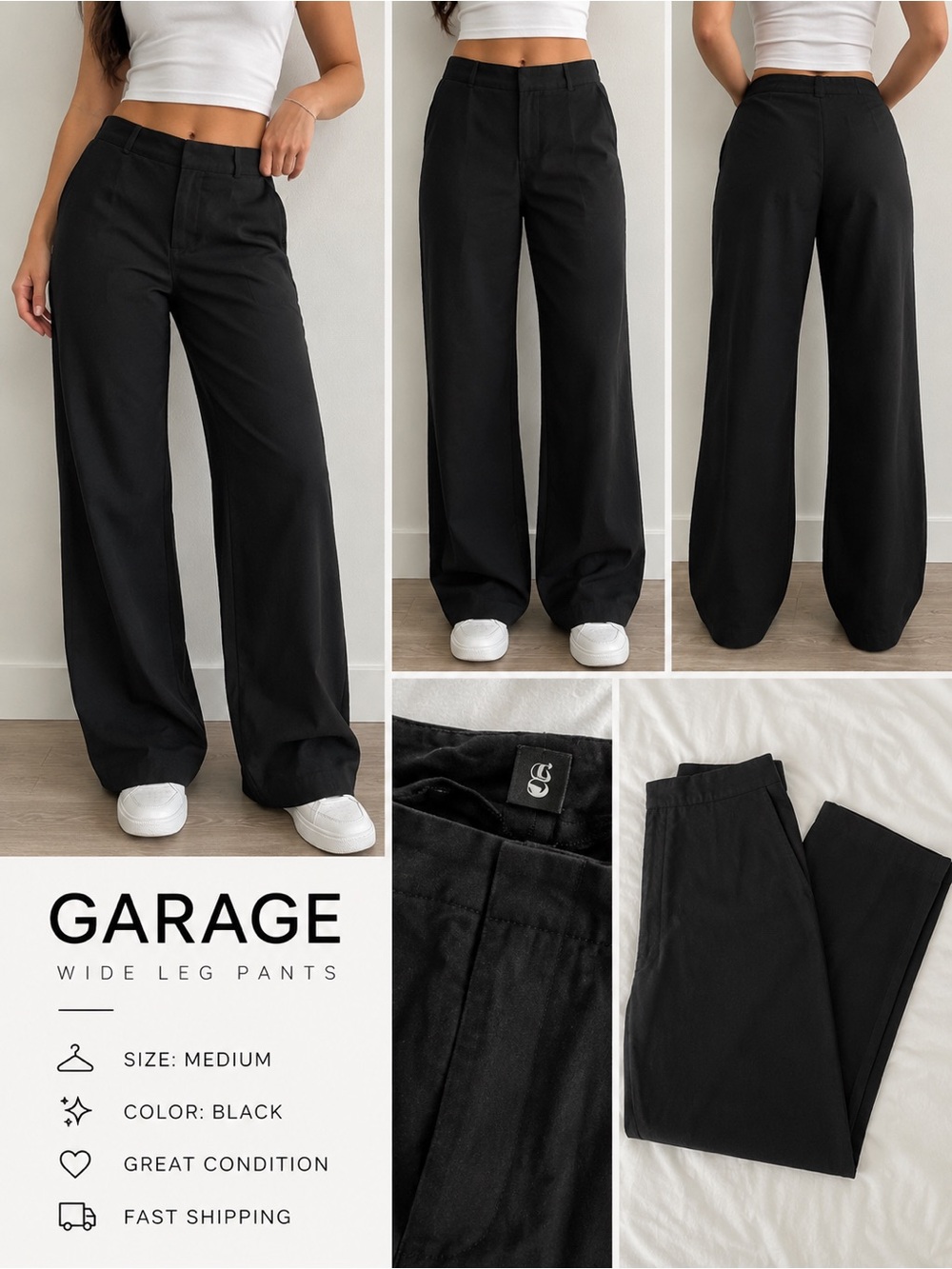 Garage Black High-Rise Wide Leg Pants